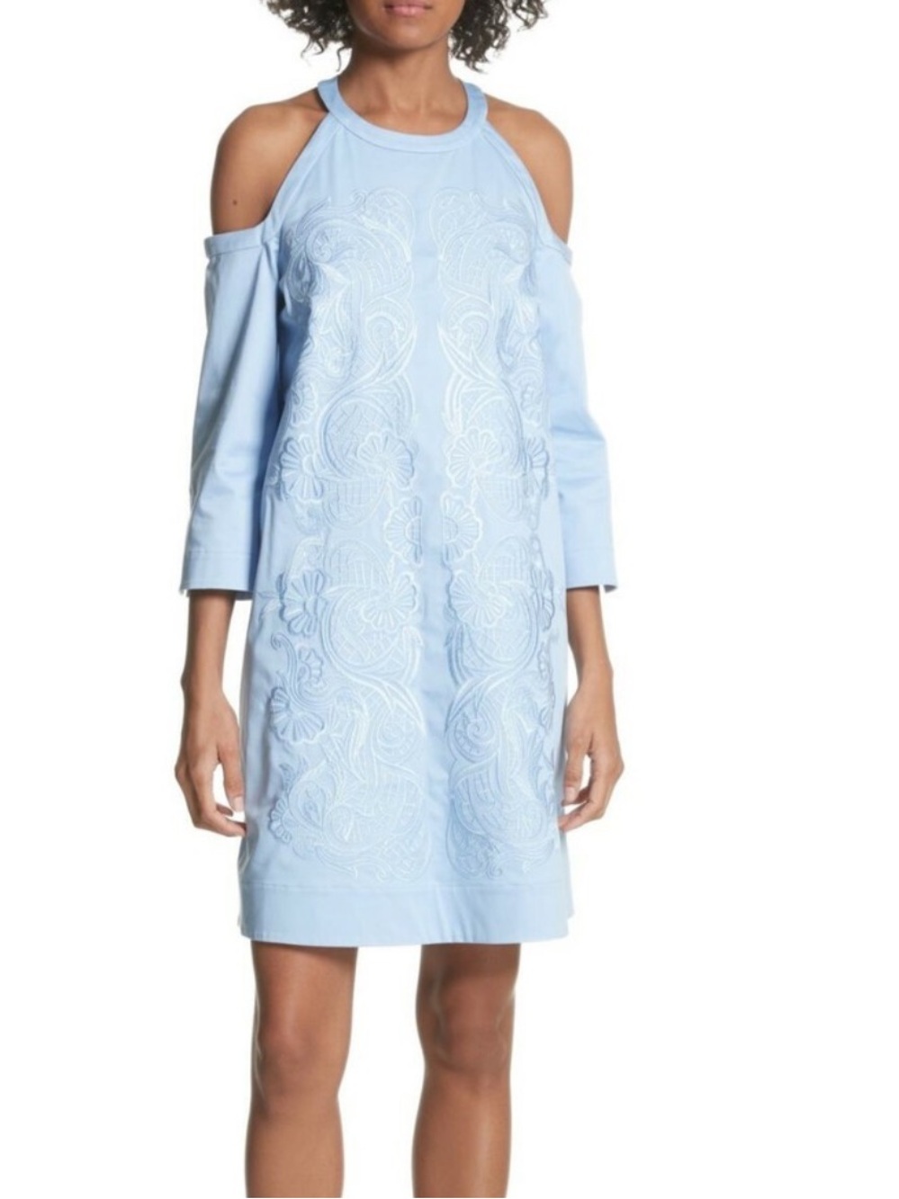Ted Baker Jettas light blue cold-shoulder shift dress floral embroidery